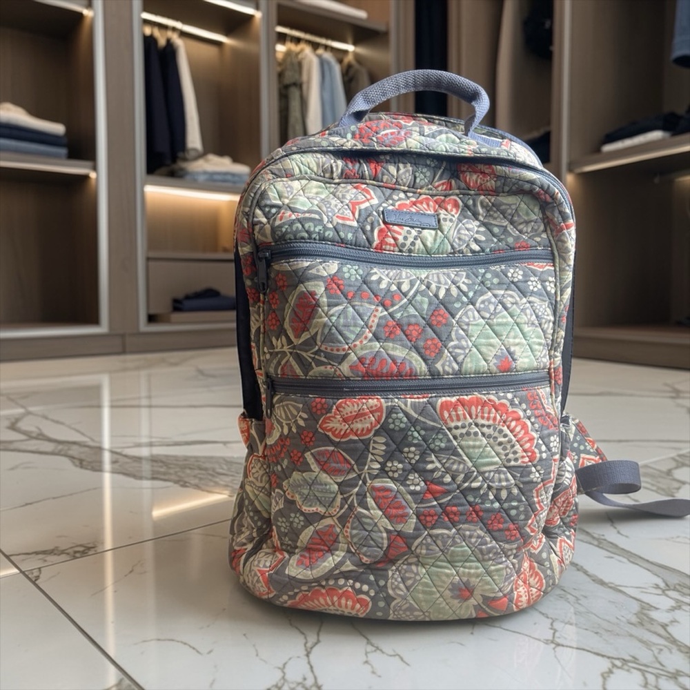 Vera Bradley Quilted Backpack in Gray, Coral & Mint Floral Pattern